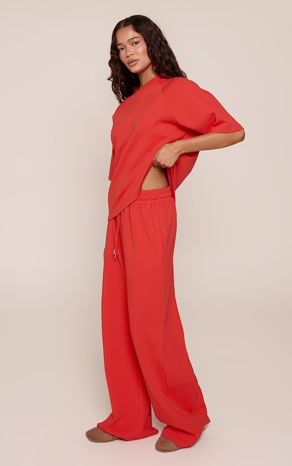 Red Embroidered Interlock Wide Leg Sweatpant