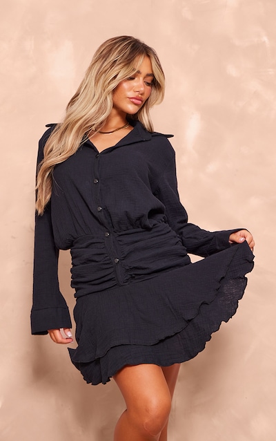 Black Oversized Shirt Frill Detail Shift Dress