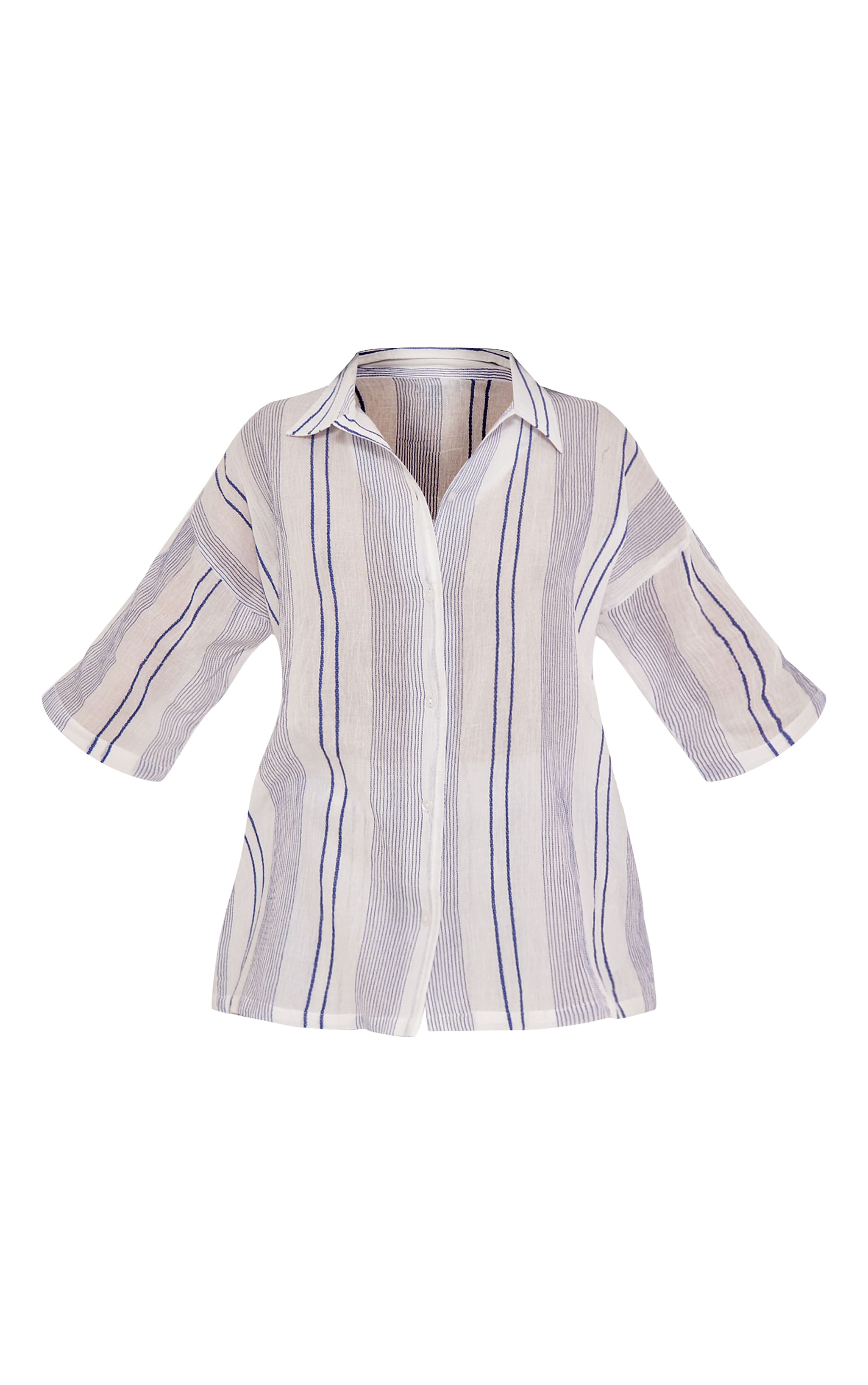 White Textured Linen Look Striped Oversized Short Sleeve Shirt image 5