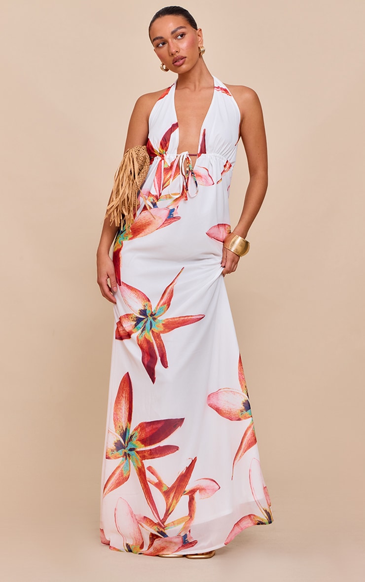 Cream Printed Plunge Tie Detail Maxi Dress image 1