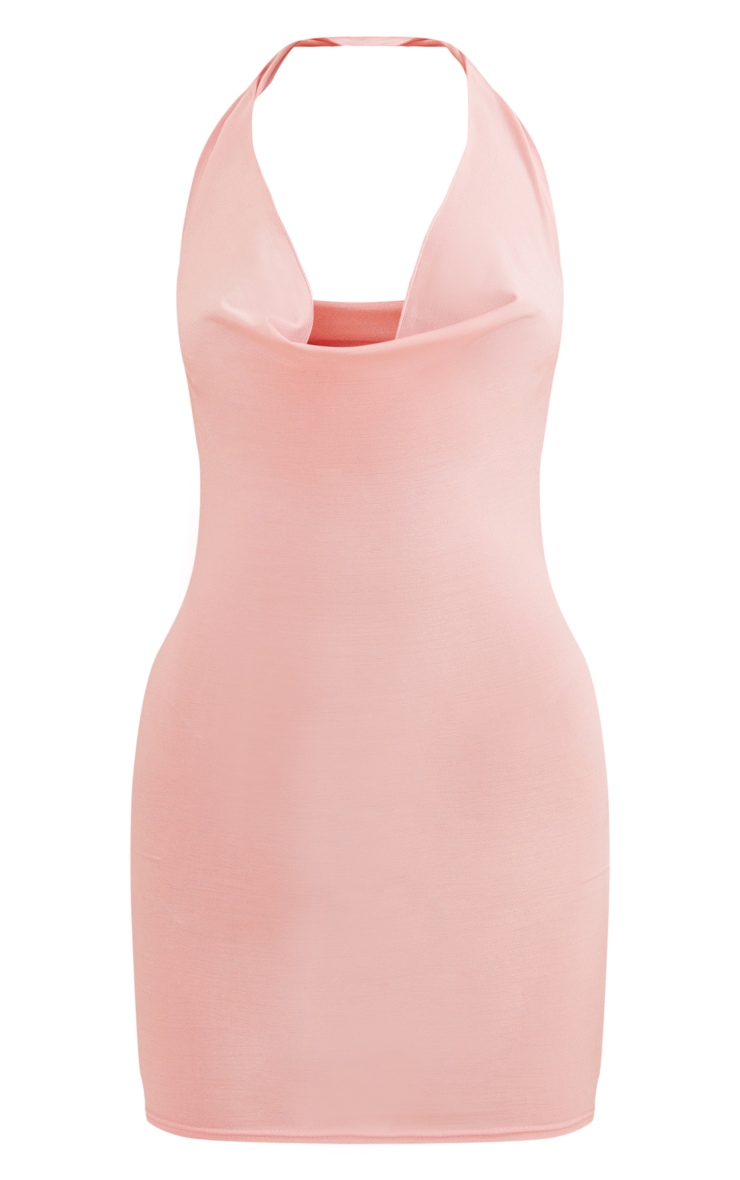 Blush Slinky Cowl Lettuce Hem Detail Halter Bodycon Dress image 1