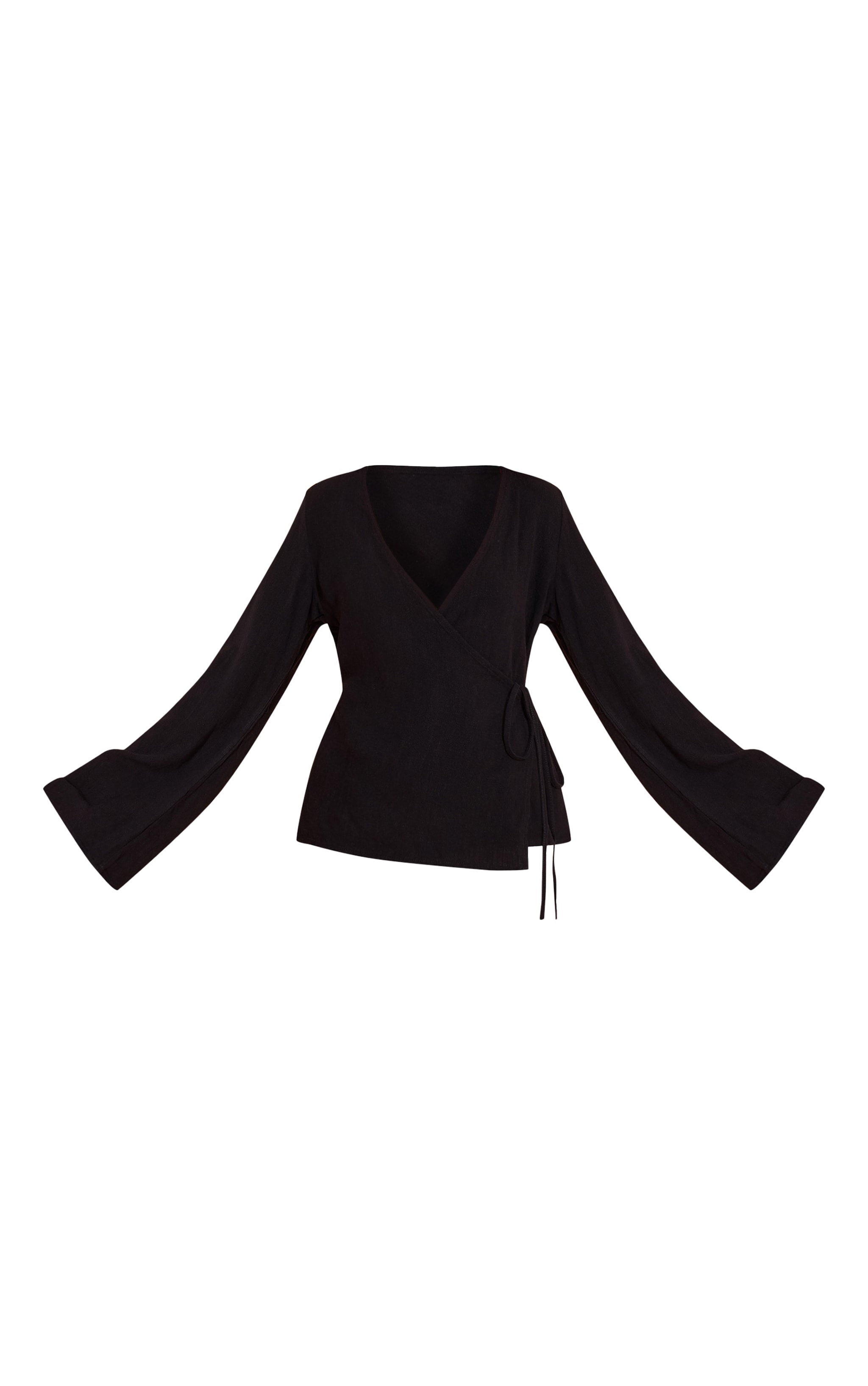 Black Lightweight Woven Flared Sleeve Wrap Detail Shirt image 5