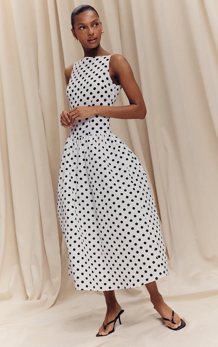 Monochrome Polka Dot Printed Dropped Waist Midaxi Dress image 3