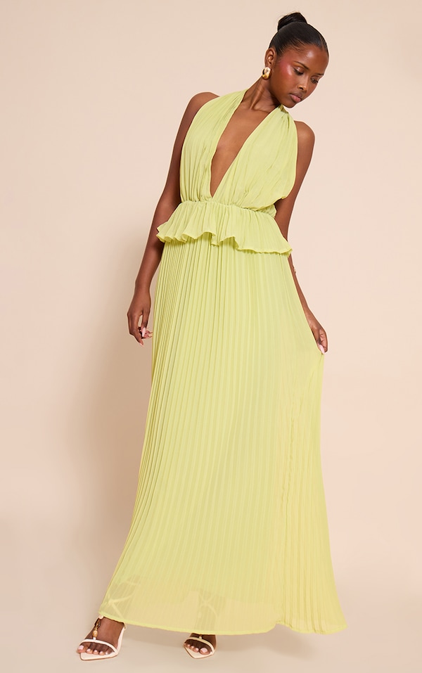 Lime Plisse Halterneck Frill Detail Maxi Dress