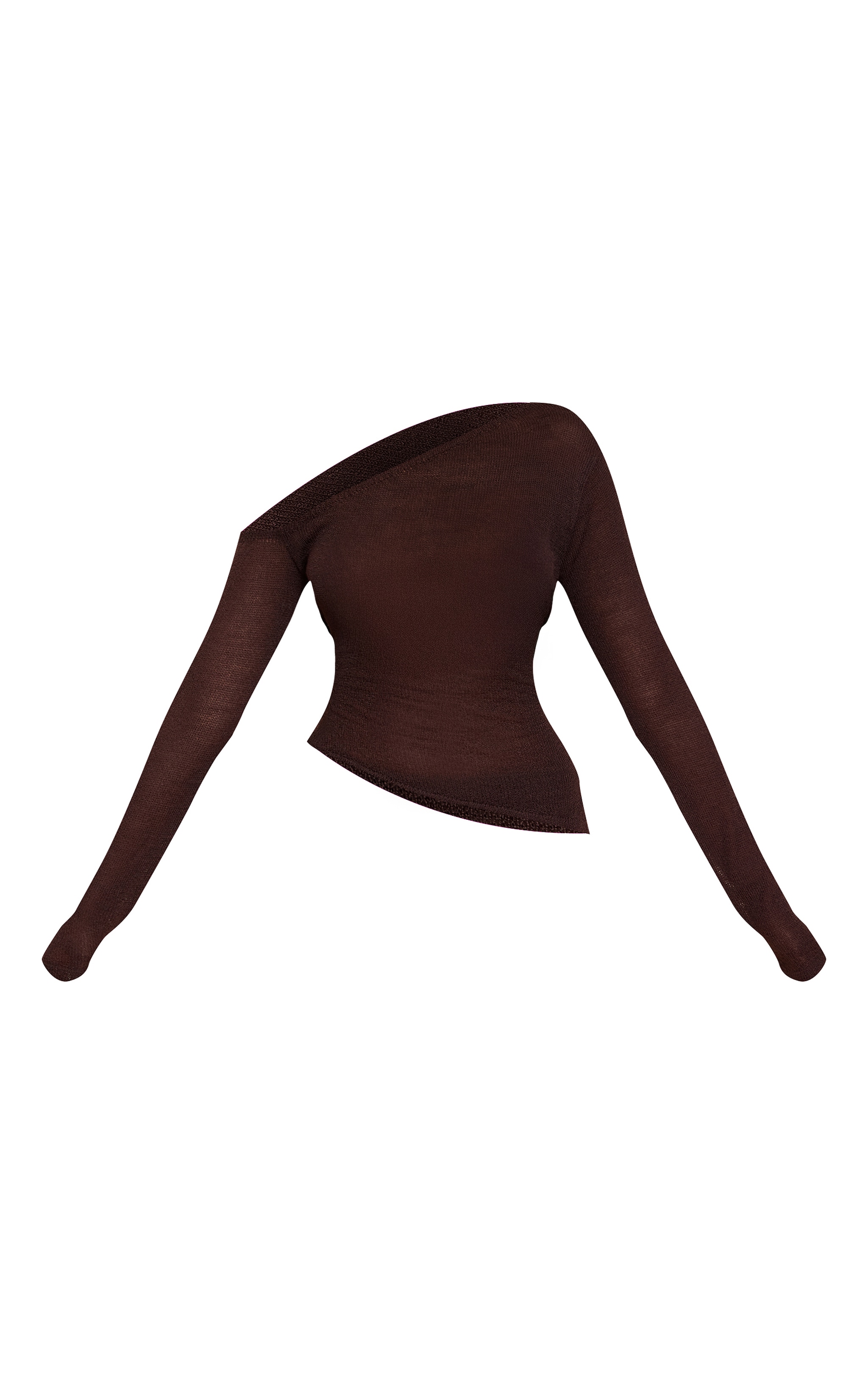 Top asymétrique en maille filigrane chocolat à ceinture image 5