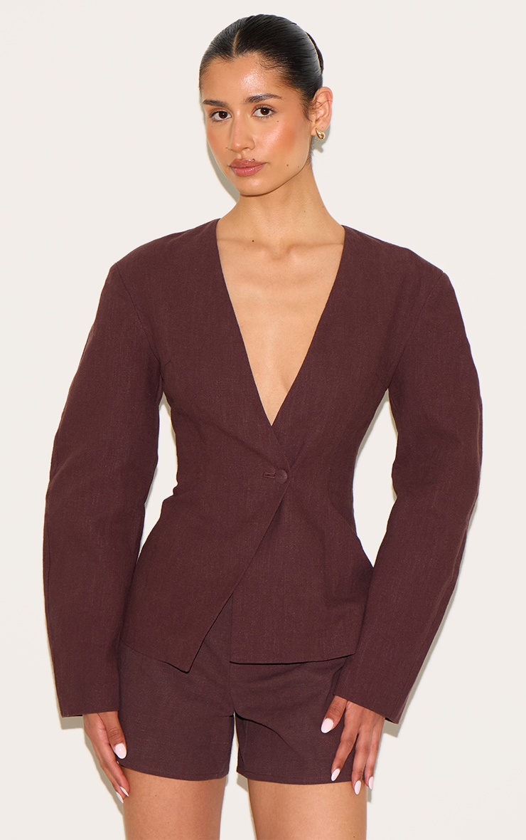 Tall Chocolate Premium Linen Look Tailored Cocoon Sleeve Cinched Blazer image 1