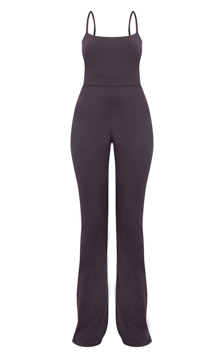 Charcoal Rib Strappy Square Neck Flared Jumpsuit PrettyLittleThing USA