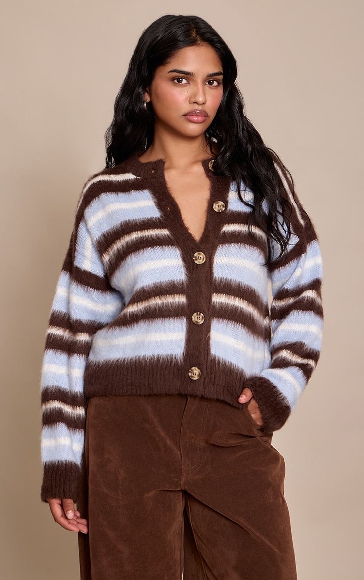Petite Chocolate Stripe Brushed Knit Cardigan image 1