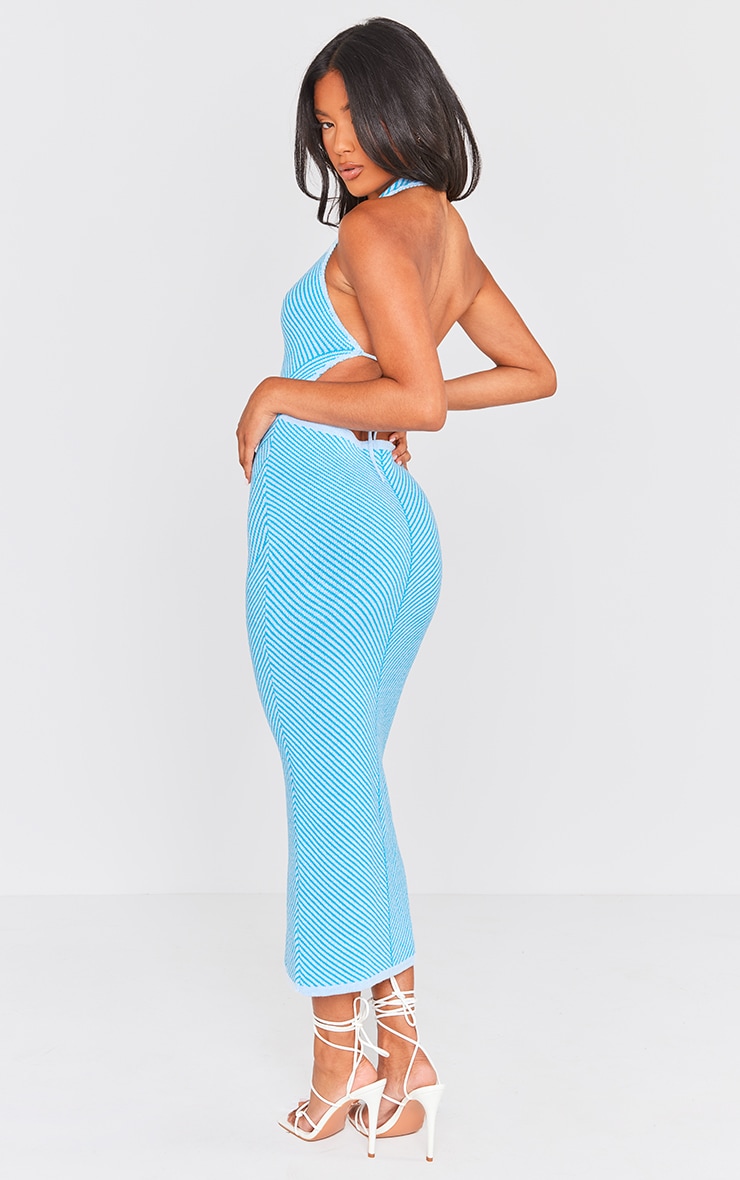  Teal Asymmetric Two Tone Knit Halter Maxi Dress image 2