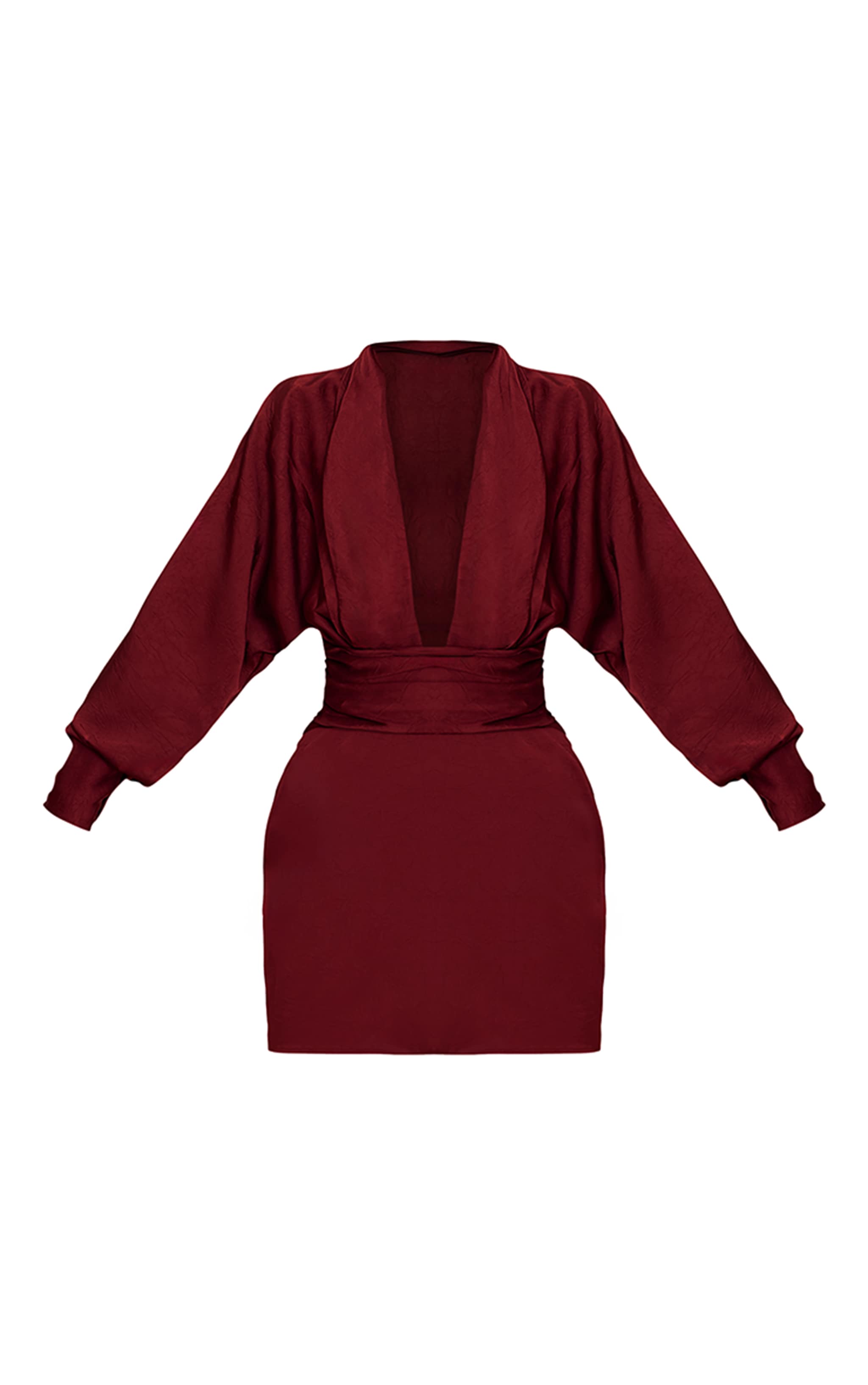 PLT Label Dark Red Hammered Satin Long Sleeve Plunge Mini Dress image 5