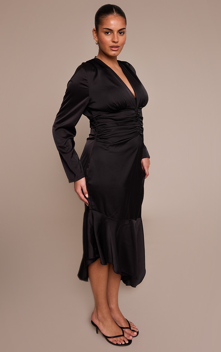 Plus Black Satin Ruched Waist Long Sleeve Maxi Dress image 3
