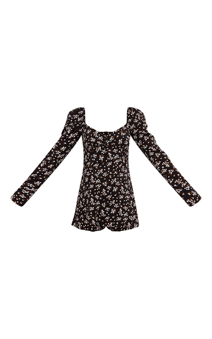 Black Floral Long Sleeve Skort Playsuit image 5