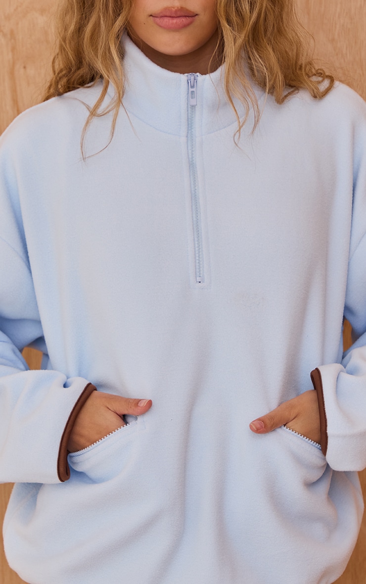 Light Blue Fleece Quarter Zip Pocket Detail Sweatshirt image 4