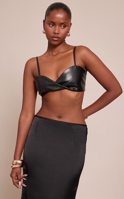 Black Faux Leather Twist Detail Strappy Bralette