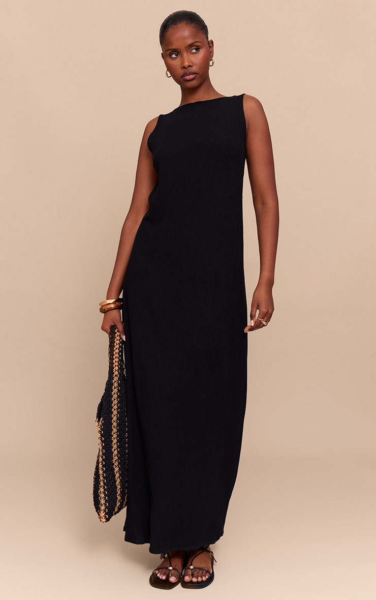 Black Textured Boat Neck Low Back Maxi Dress image 3
