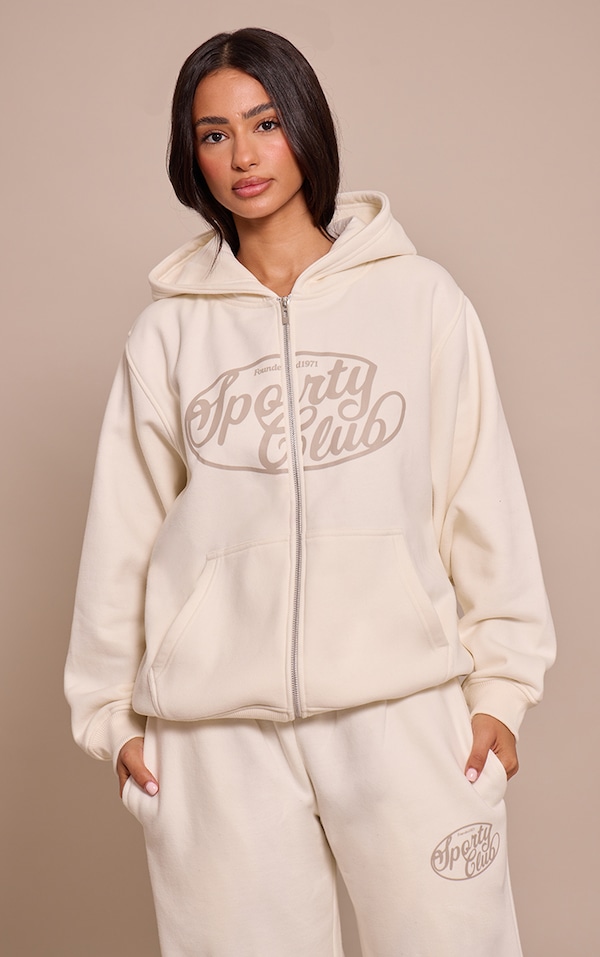 Petite Ecru Sports Club Cotton Fleece Full Zip Hoodie