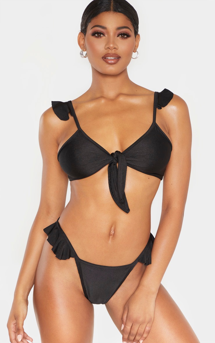 Tall Black Frill Detail Tie Bikini Top