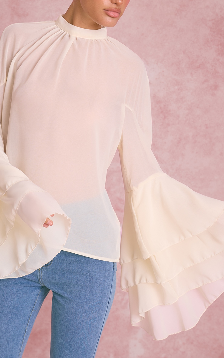 Cream Chiffon High Neck Ruffle Sleeve Detail Blouse image 4