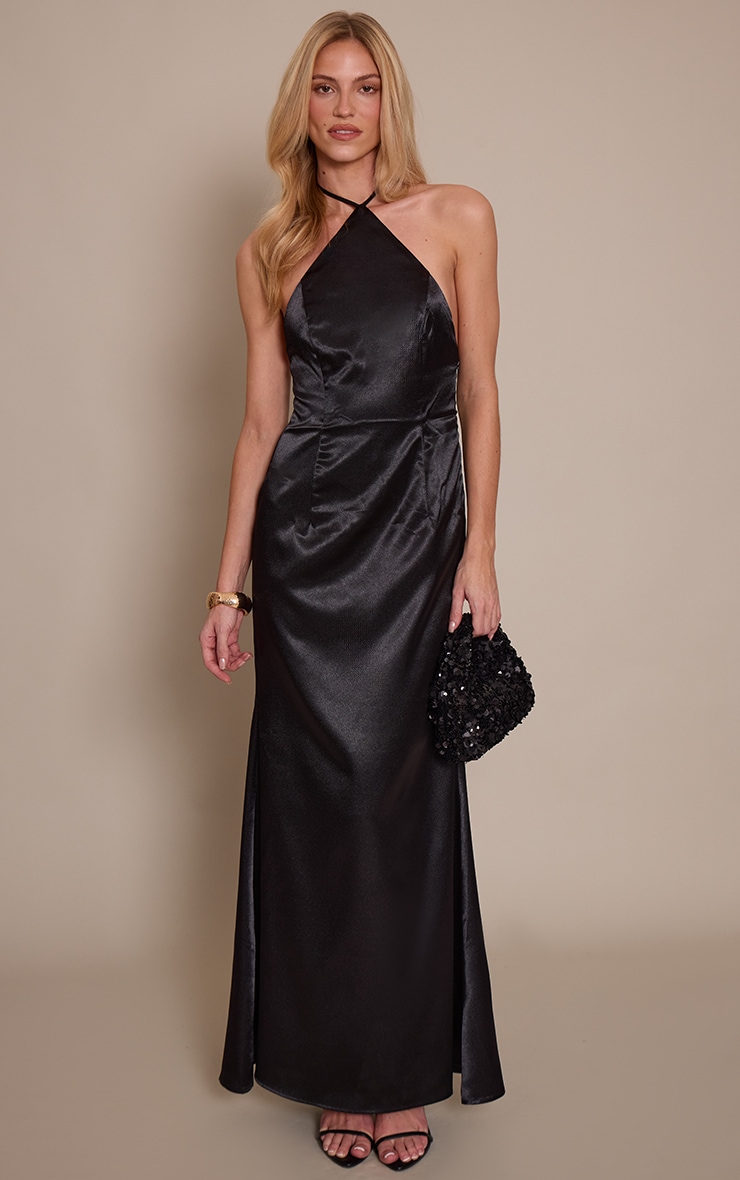 Black Satin Halterneck Tie Neck Maxi Dress image 3