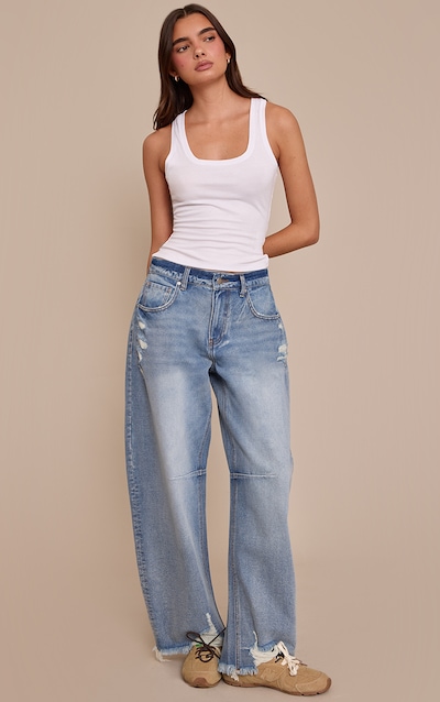 Mid Blue Distressed Barrel Jeans