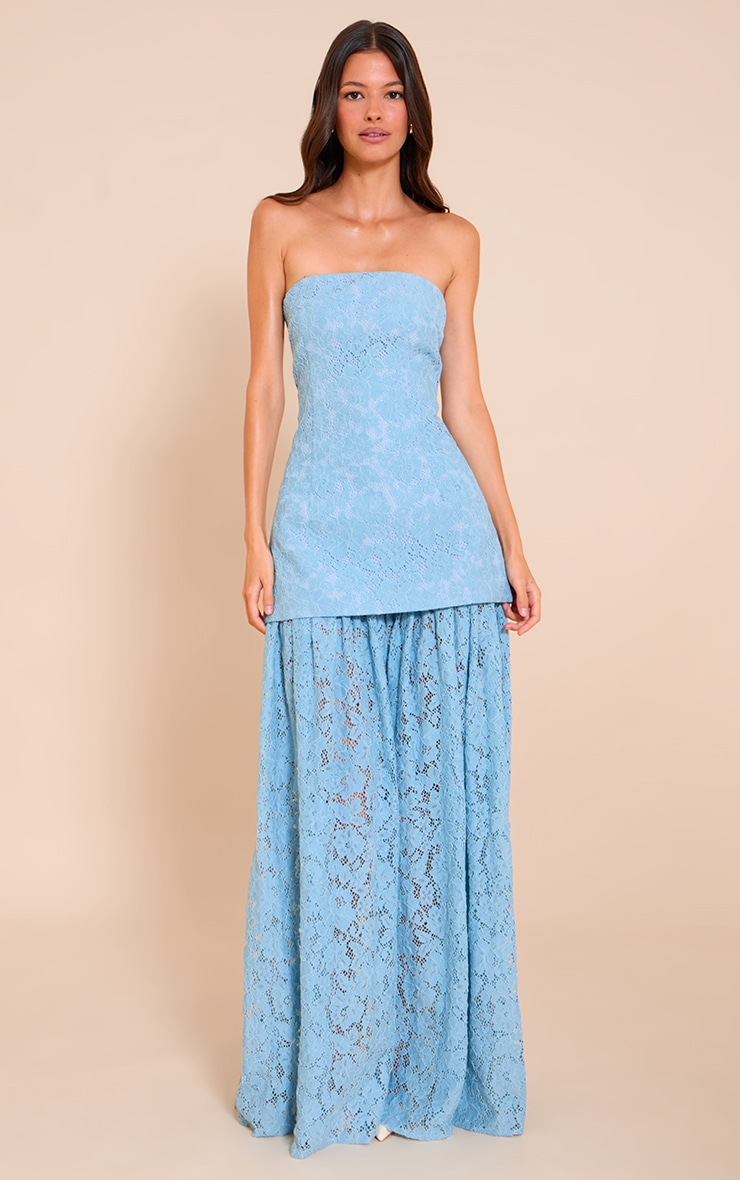 Light Blue Lace Sheer Skirt Panel Bandeau Midaxi Dress image 3