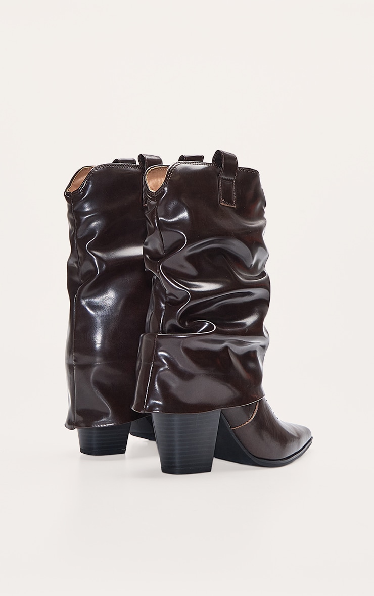 Chestnut PU Point Toe Fold Over Western Heeled Ankle Boots image 4