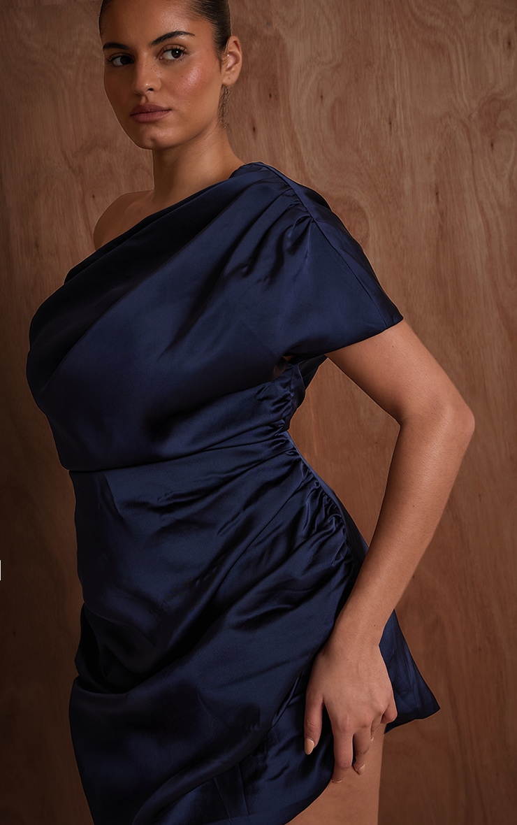 PLT Label Plus Navy Structured Satin Draped One Shoulder Bodycon Dress image 4