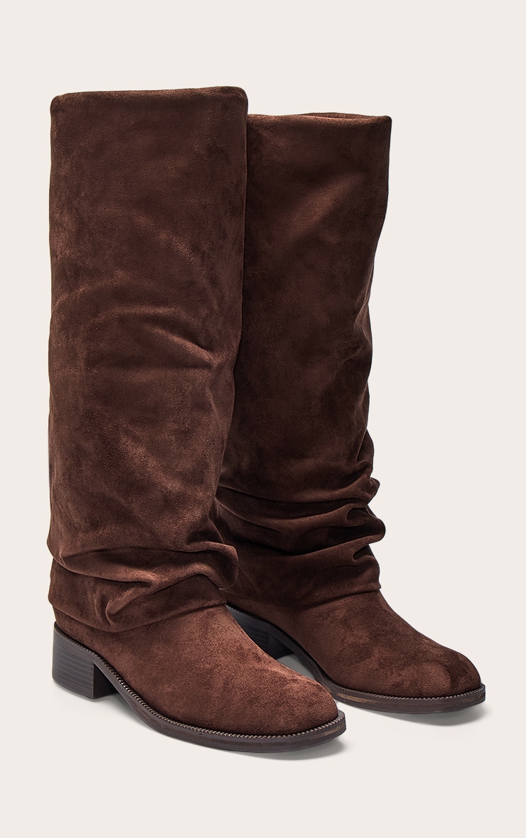 Chocolate Suede Ruched Block Heeled Knee High Boot image 3