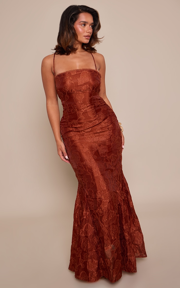 Chestnut Textured Lace Up Back Maxi Dress