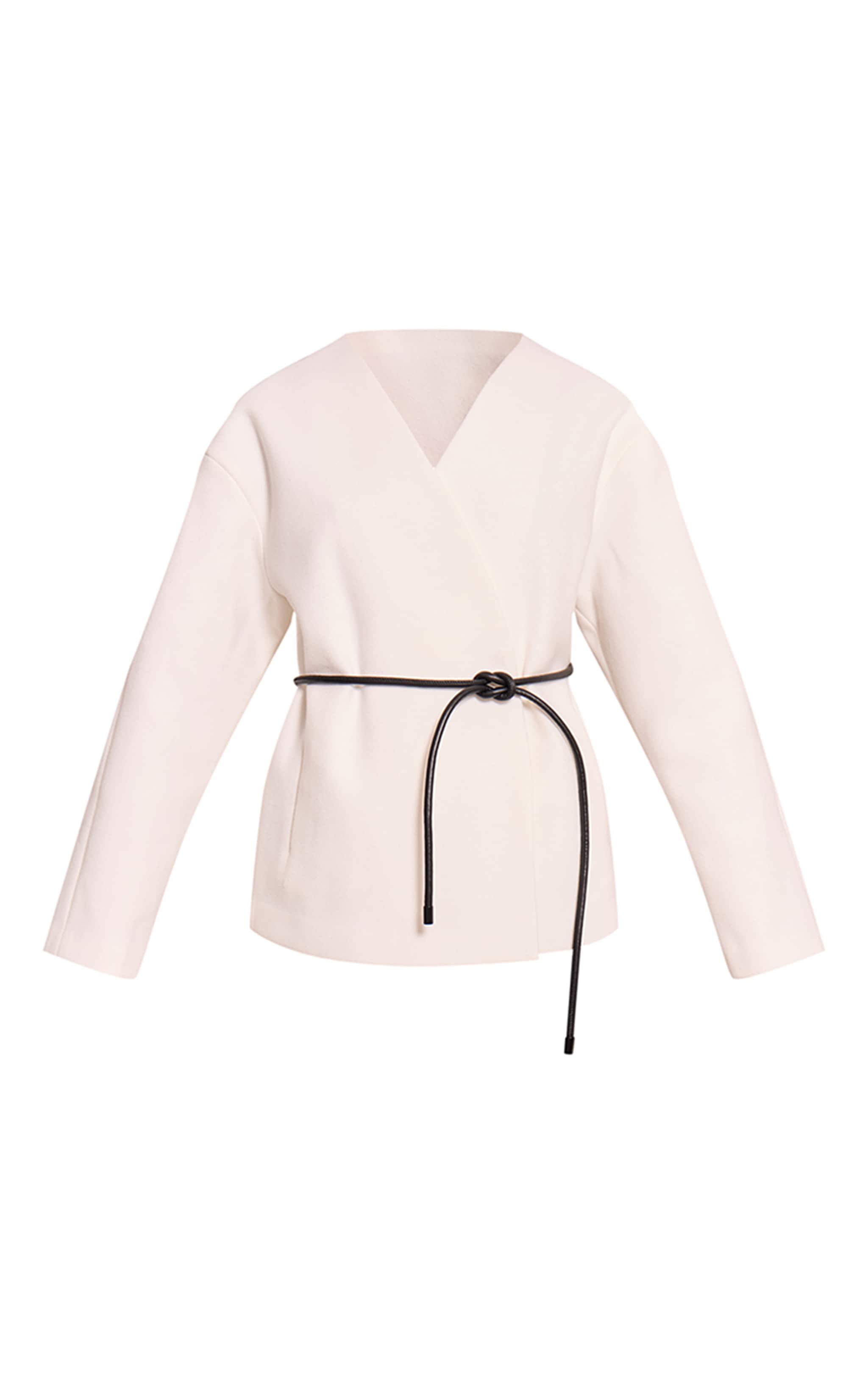Ecru Collarless Wrap Style Tie Waist Wool Look Coat image 5