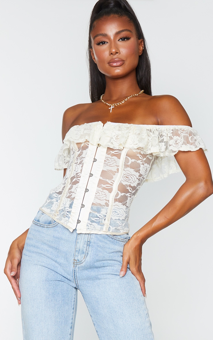 Cream Lace Frill Top Edge Hook And Eye Corset
