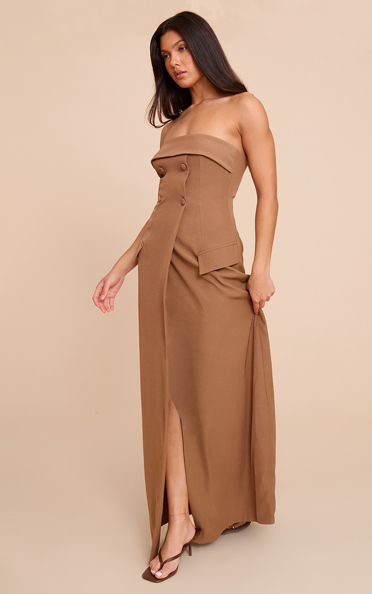 Taupe Tailored Woven Button Split Detail Bandeau Maxi Dress image 3