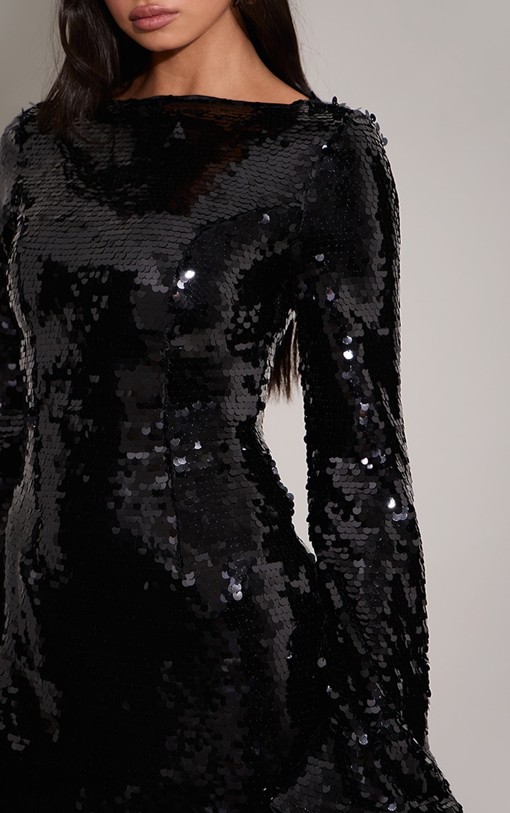 Black Sequin Boat Neck Shift Dress image 4