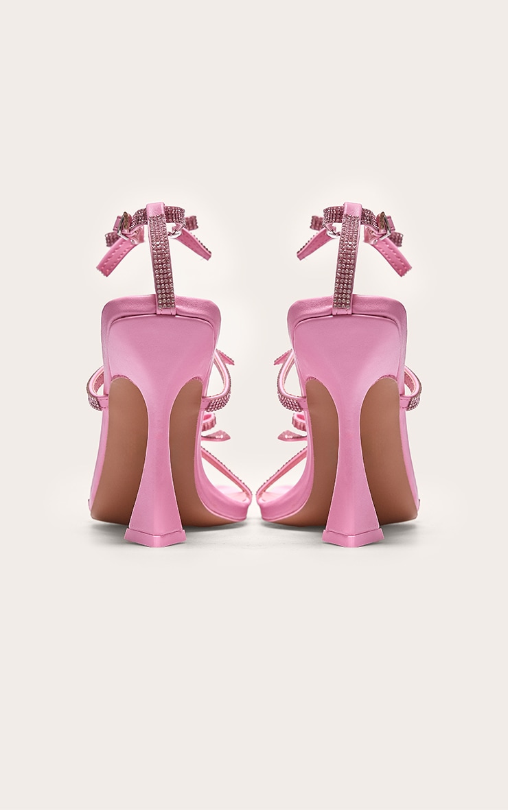Pink PU Square Toe Diamante Bow Heeled Sandals image 3