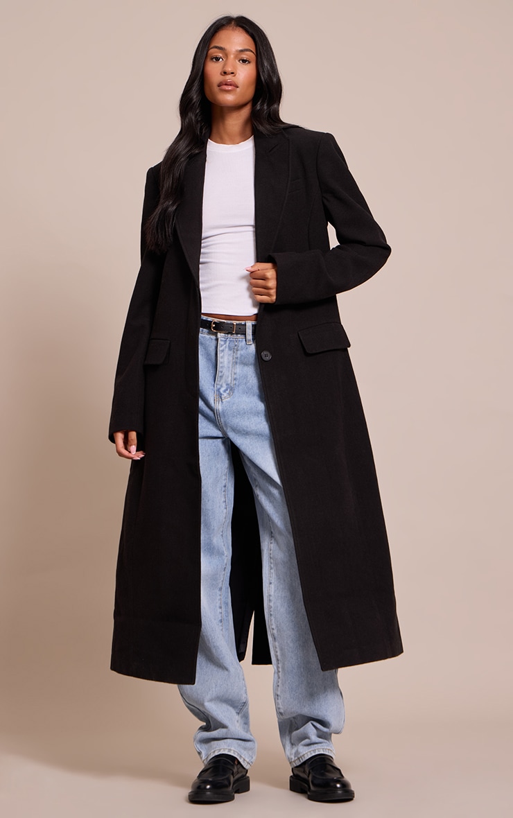 Tall Black Single Breasted Seam Detail Wool Look Maxi Coat