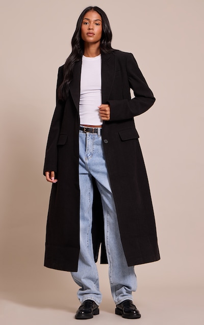 Tall Manteau long en effet laine noir à simple boutonnière et lisérés structurants