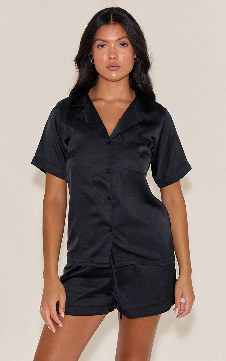 Black Satin Short Sleeve Short Pj Set image 3