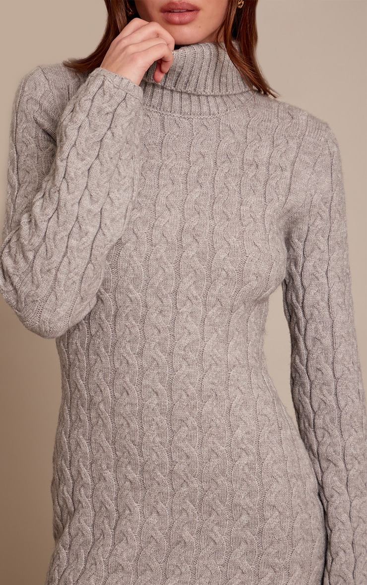 Grey Chunky Cable Knit Roll Neck Maxi Sweater Dress image 4