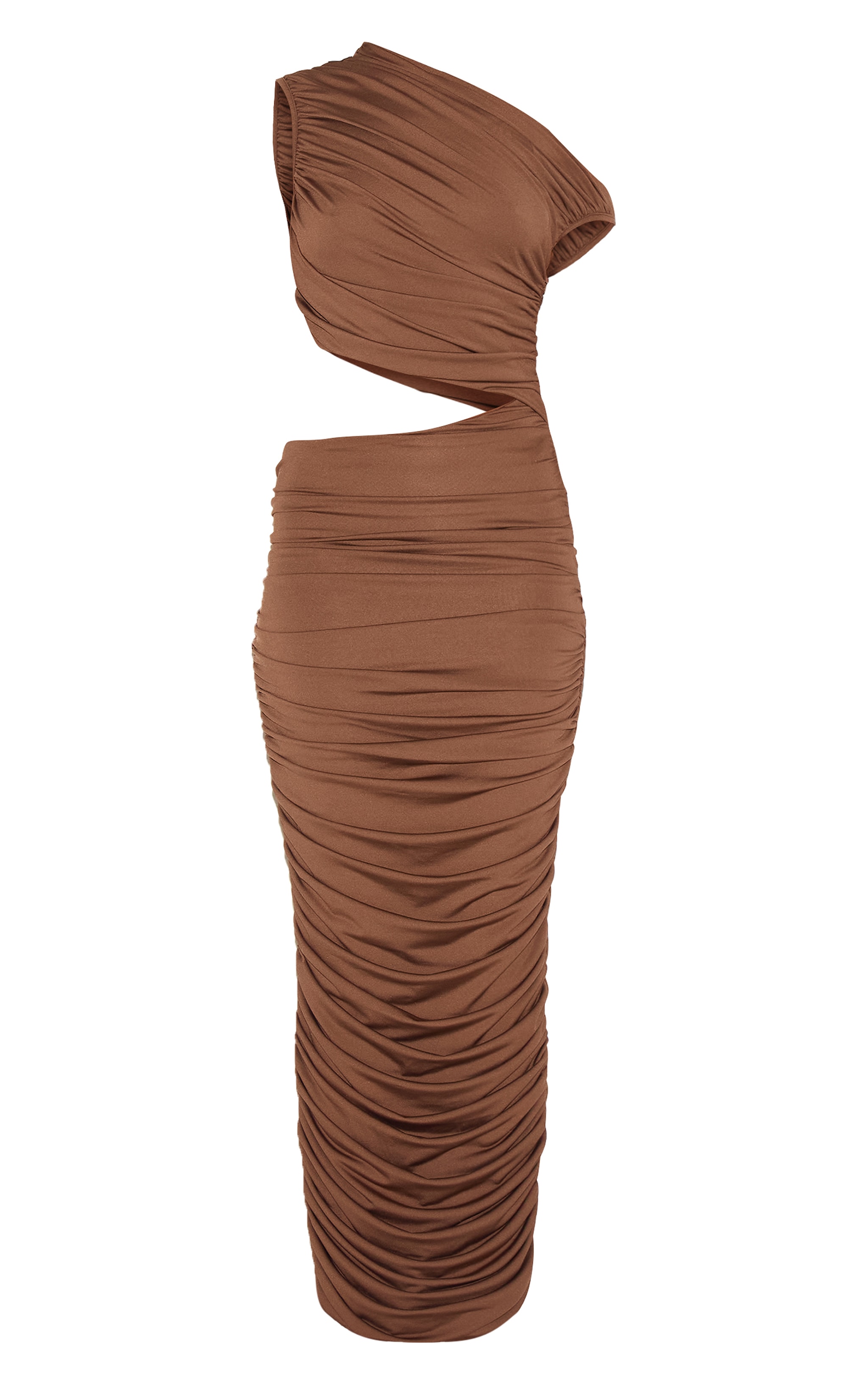PLT Label Chocolate One Shoulder Ruched Cut Out Maxi Dress image 5