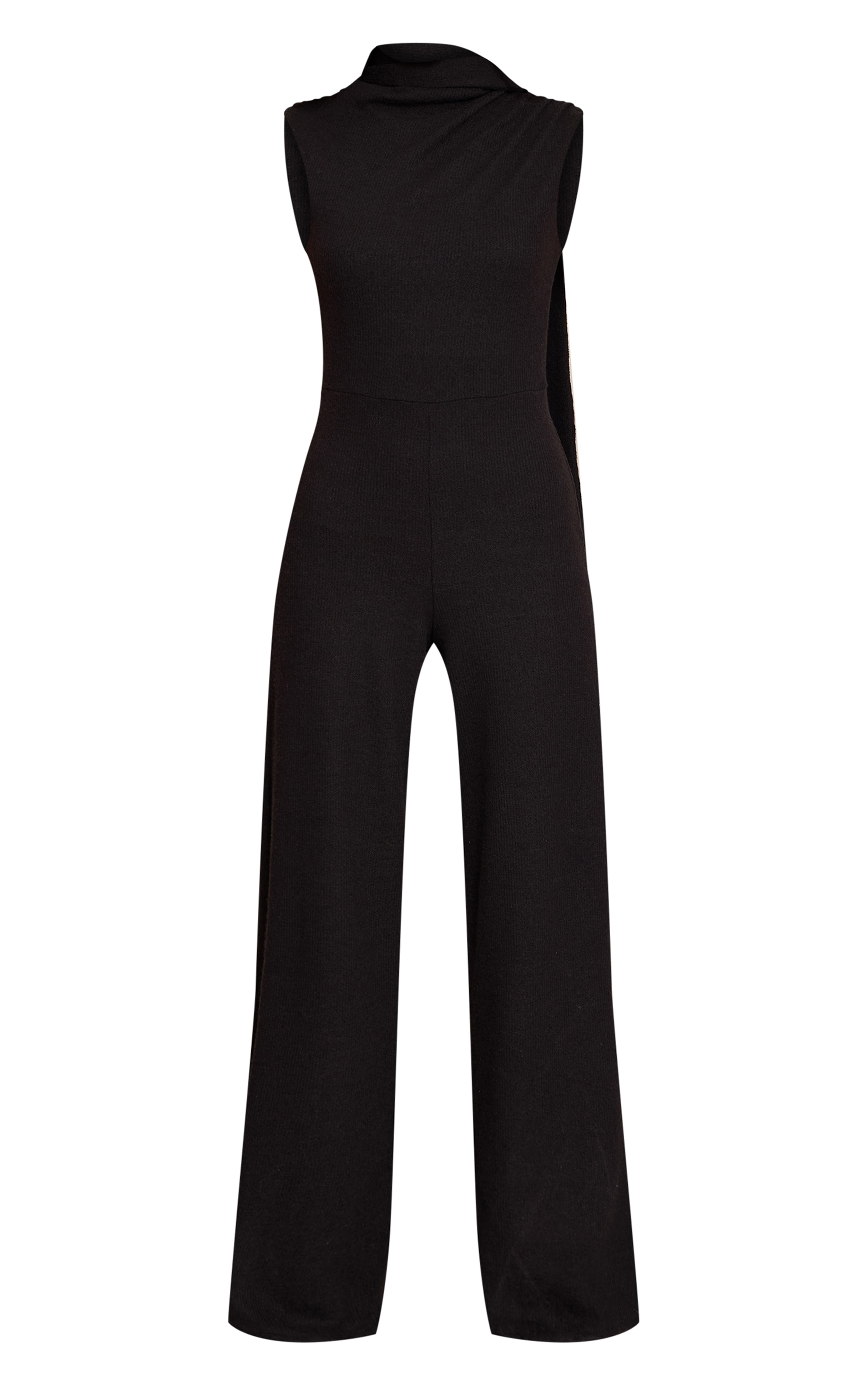 Black Ribbed Ruched Scarf Detail Wide Leg Jumpsuit image 5