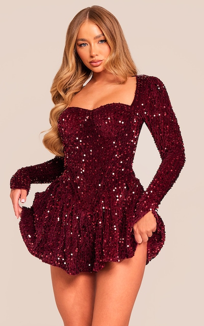 Burgundy Sequin Cup Detail Long Sleeve Skater Playsuit