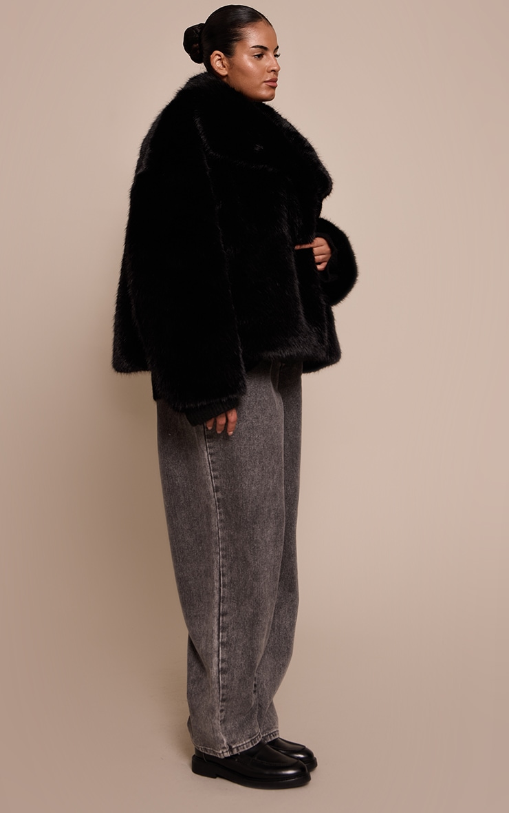 Plus Black Faux Fur Short Shawl Collar Coat image 3