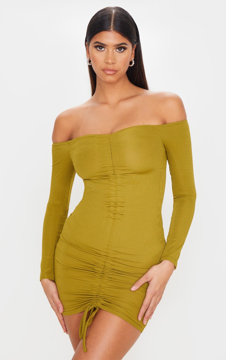 Olive Khaki Ribbed Long Sleeve Bardot Ruched Bodycon Dress