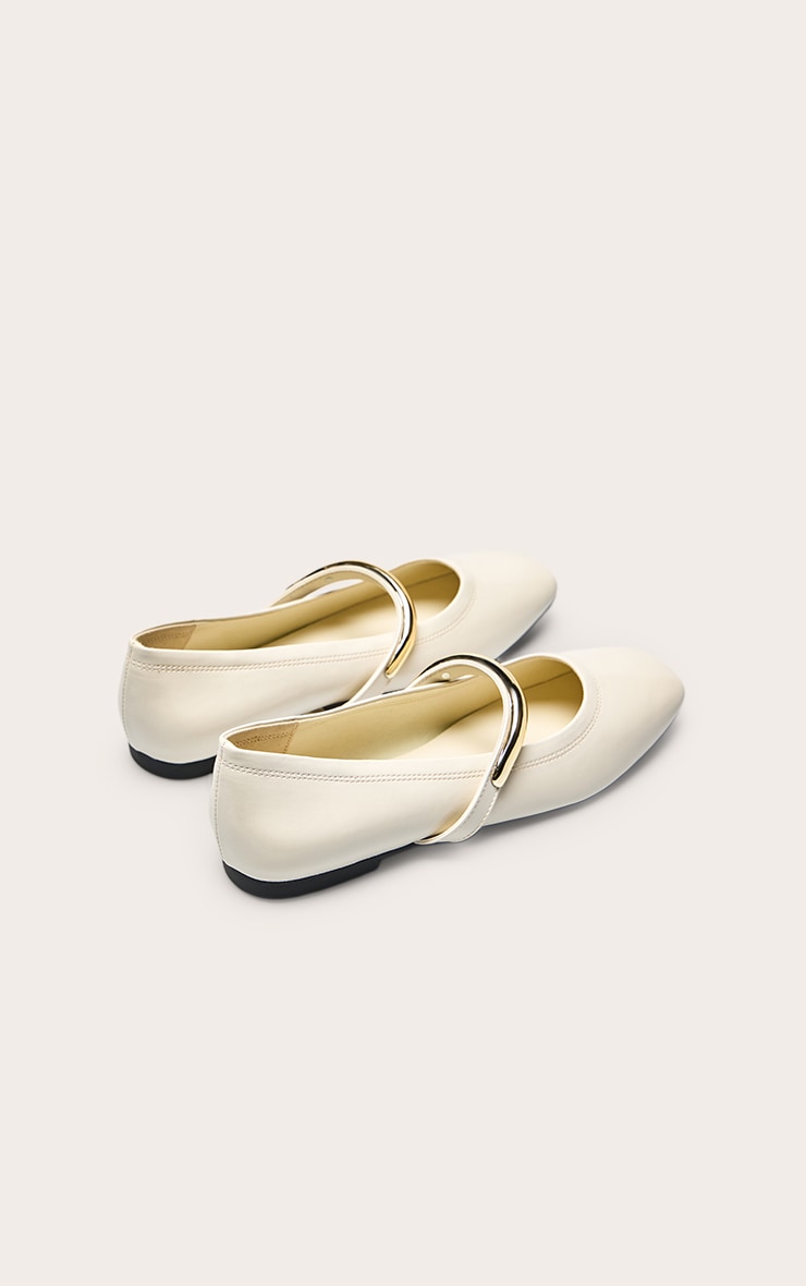 Cream Soft PU Gold Strap Square Toe Ballet Flats image 4