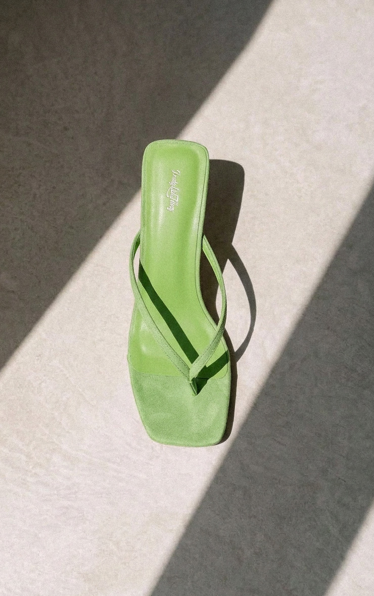Green Faux Suede Square Toe Thong Mid Heeled Mules