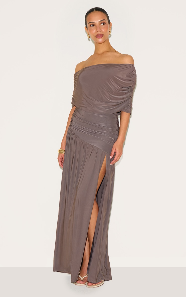 Petite Taupe Double Layer Slinky Bardot One Shoulder Ruched Maxi Dress image 3