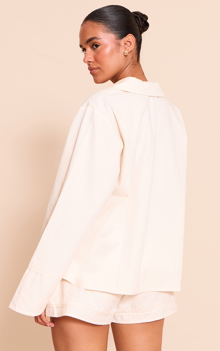 Cream Cotton Woven Boxy Long Sleeve Collar Top image 2