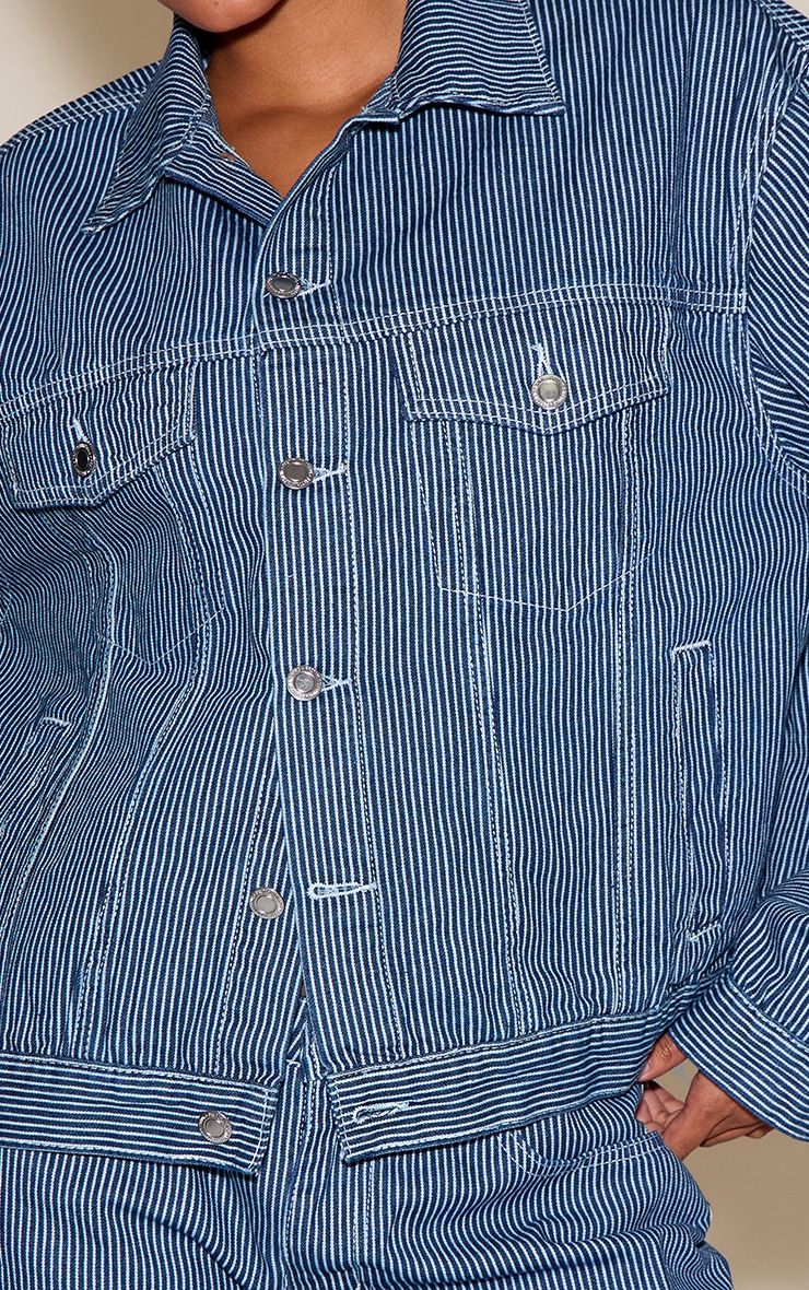  Dark Blue Striped Classic Denim Jacket image 4