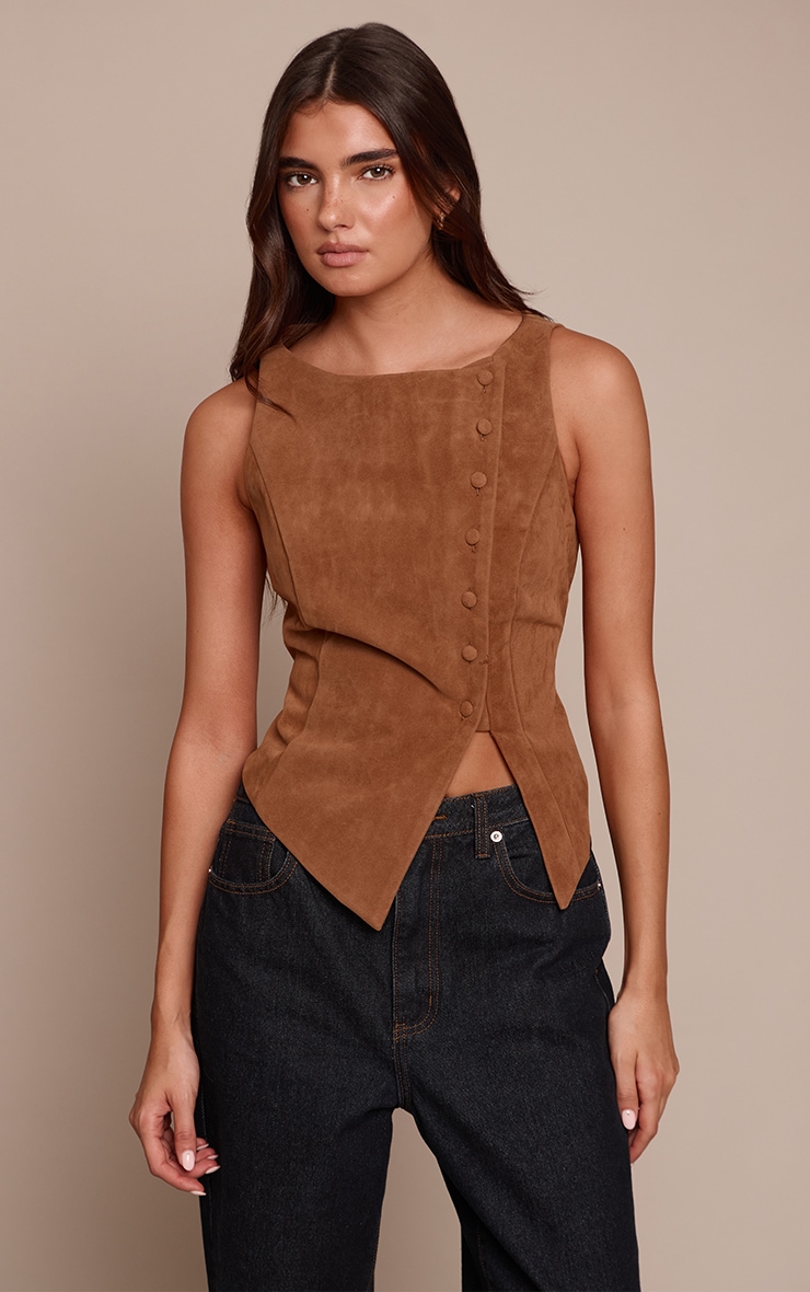 Camel Faux Suede Asymmetric Button Detail Vest image 1