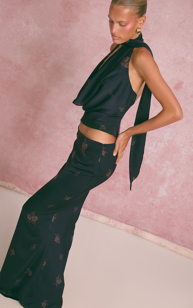 Navy Ditsy Floral Satin Maxi Skirt image 2